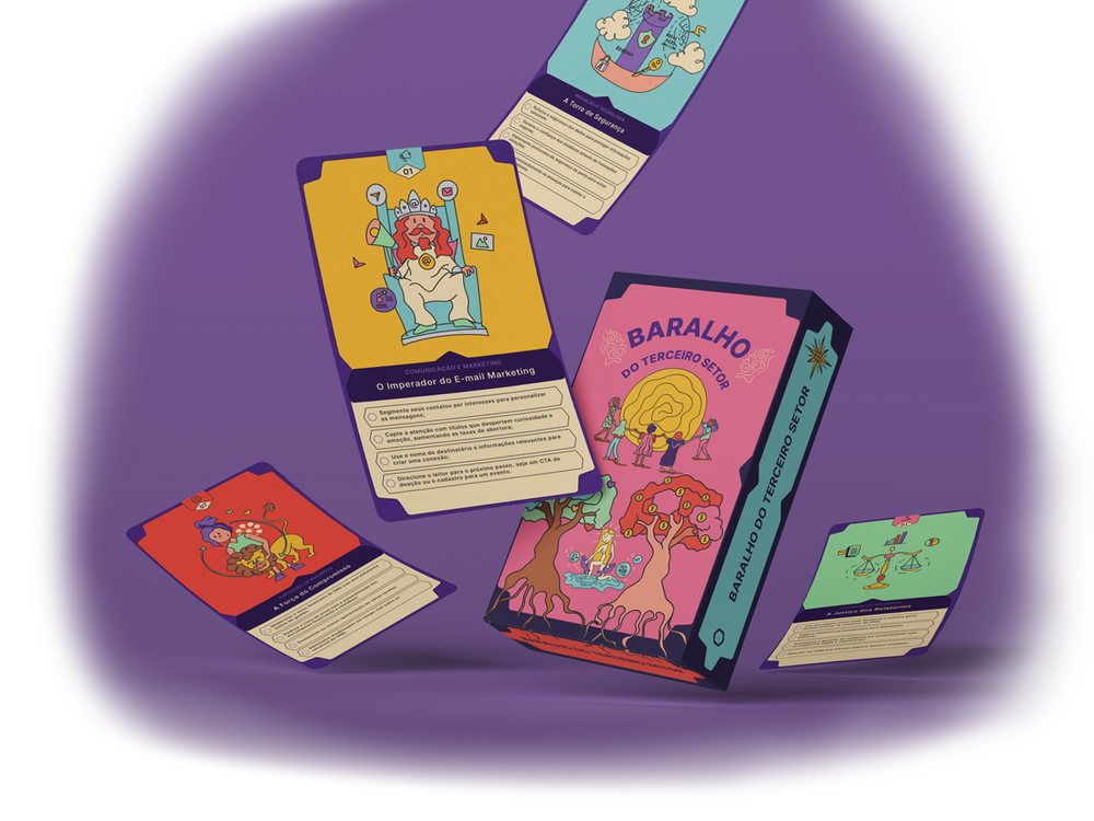 Caixa do Baralho do Terceiro Setor cercada de cartas ilustradas, com O Imperador do E-mail Marketing e A Torre da Segurança à mostra.