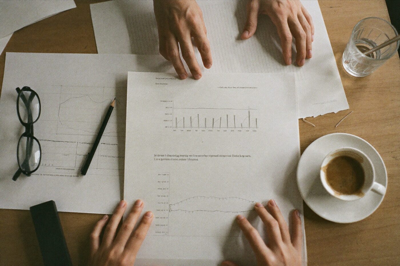 Mãos organizando folhas com gráficos impressos sobre uma mesa de madeira, ao lado de óculos e uma xícara de café.