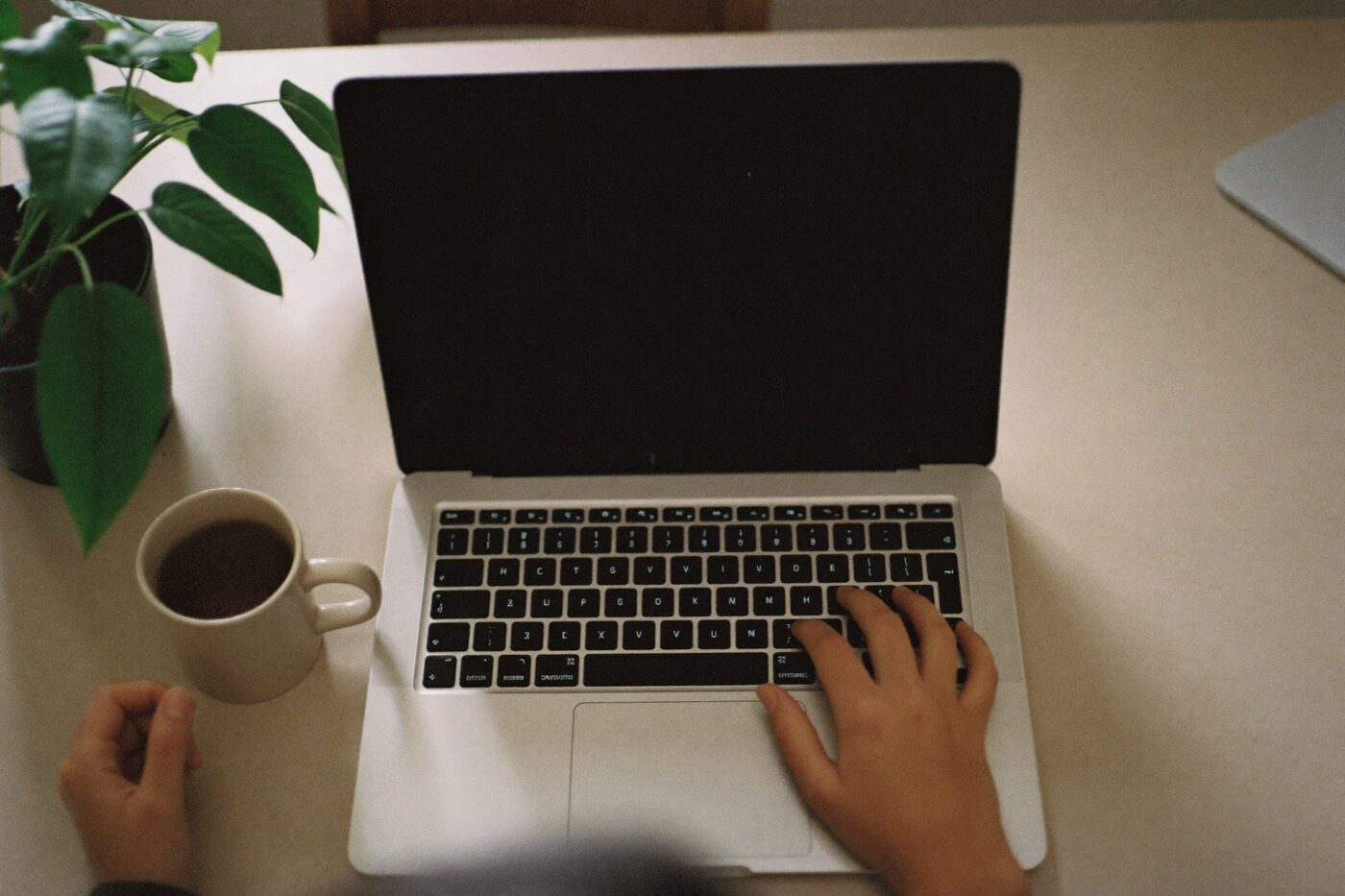 Mãos digitando em um notebook sobre a mesa de uma cozinha, ao lado de uma caneca e um vaso de planta.