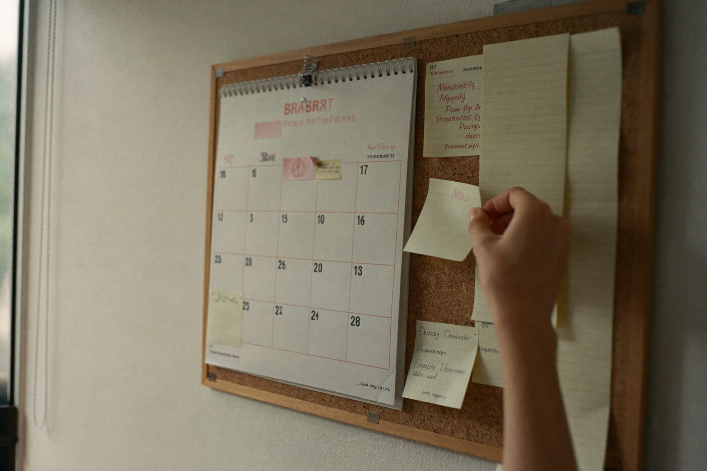 Calendário de parede e recados em post-it num quadro de cortiça, com uma mão fixando um novo bilhete.