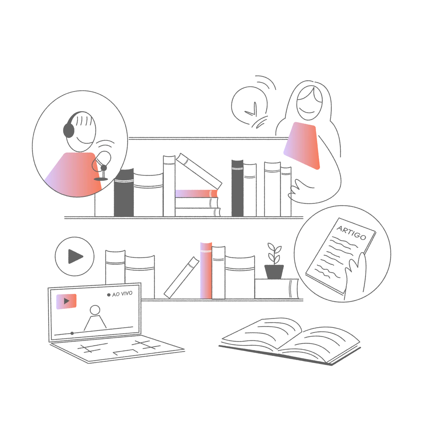 Ilustração: estante de livros, aulas e materiais de estudo