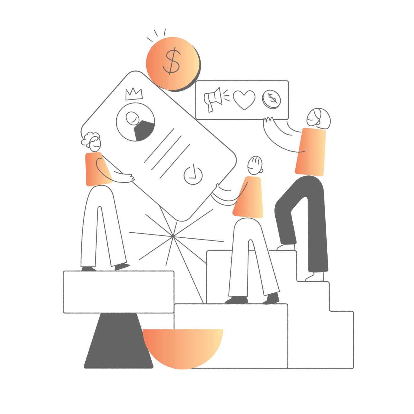 Ilustração: pessoas subindo degraus carregando resultados