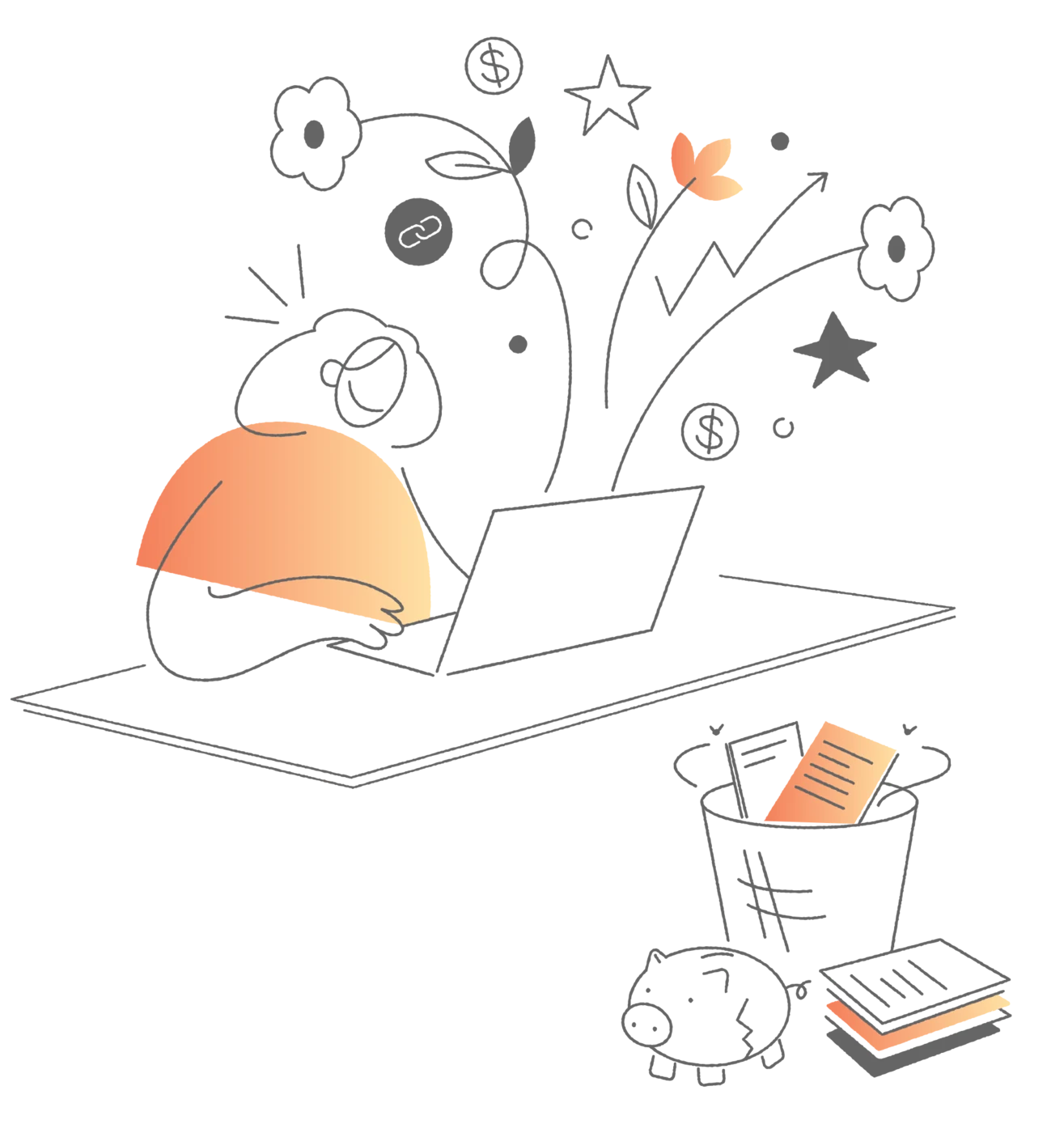 Ilustração: pessoa em um laptop de onde brotam ideias e resultados